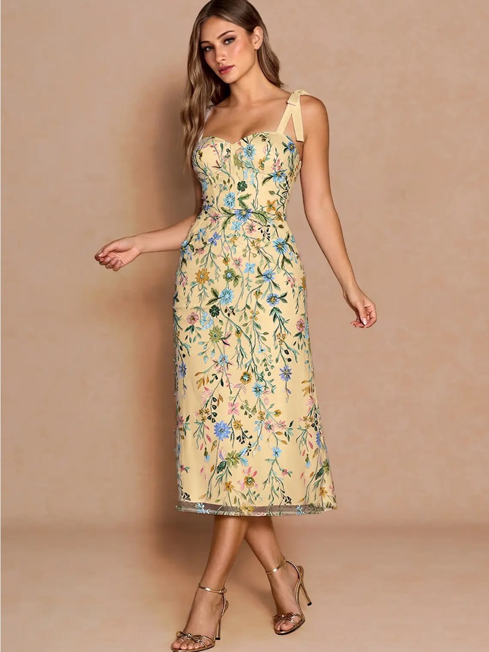 Amarie Lemon Yellow Floral Embroidered Midi Dress with Bow Tie-Shoulder Straps - Picture 2 of 7